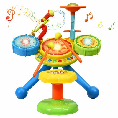 Kids Electric Jazz Drum Set Musical Instrument with Stool Microphone & LED Light
