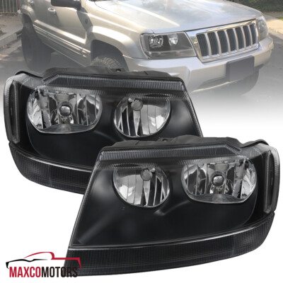 Fits 1999-2004 Jeep Grand Cherokee Lamps Black Headlights Left+Right Replacement
