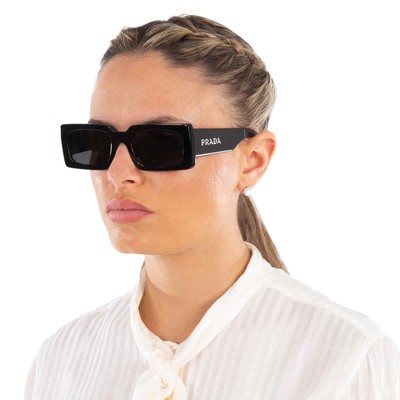 Pre-owned Prada Grey Rectangular Ladies Sunglasses Pr A07s 1ab5s0 52 Pr A07s 1ab5s0 52 In Gray