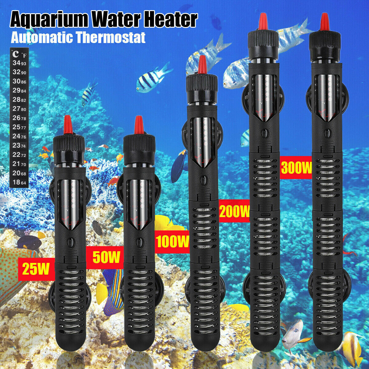 25W-300W Submersible Aquarium Fish Tank Heater Rod Heating Adjustable Thermostat