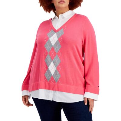 

Tommy Hilfiger Женский многослойный хлопковый пуловер с узором Argyle, топ плюс BHFO 8614, Rosette multi