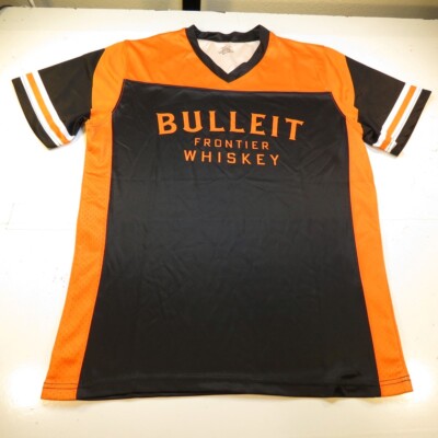 NEW BULLEIT FRONTIER WHISKEY JERSEY SHIRT Mens M Black & Orange Player 21 bar