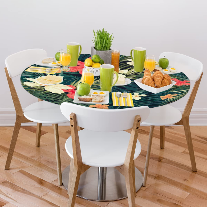 Tropical Flower round Fitted Tablecloth with Elastic Edge, Palm Leaf Table Cover