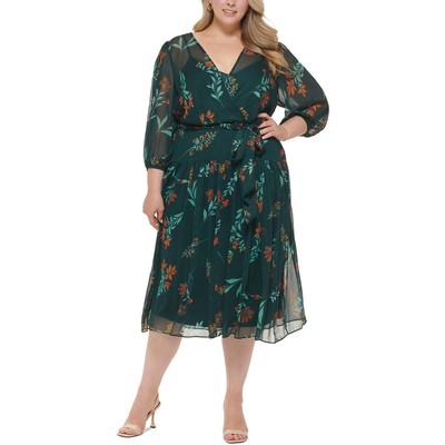 Женское зеленое шифоновое платье Calvin Klein с цветочным принтом и расклешенной юбкой Plus 20W BHFO 2710