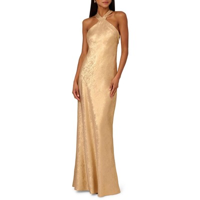 Adrianna Papell Womens Gold Foiled Chiffon Halter Evening Dress Gown 0 BHFO 8813