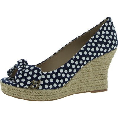 

Tory Burch Женские парусиновые туфли на танкетке в горошек с открытым носком Dory BHFO 0350, Navy sea/new ivory nautical dots, Dory