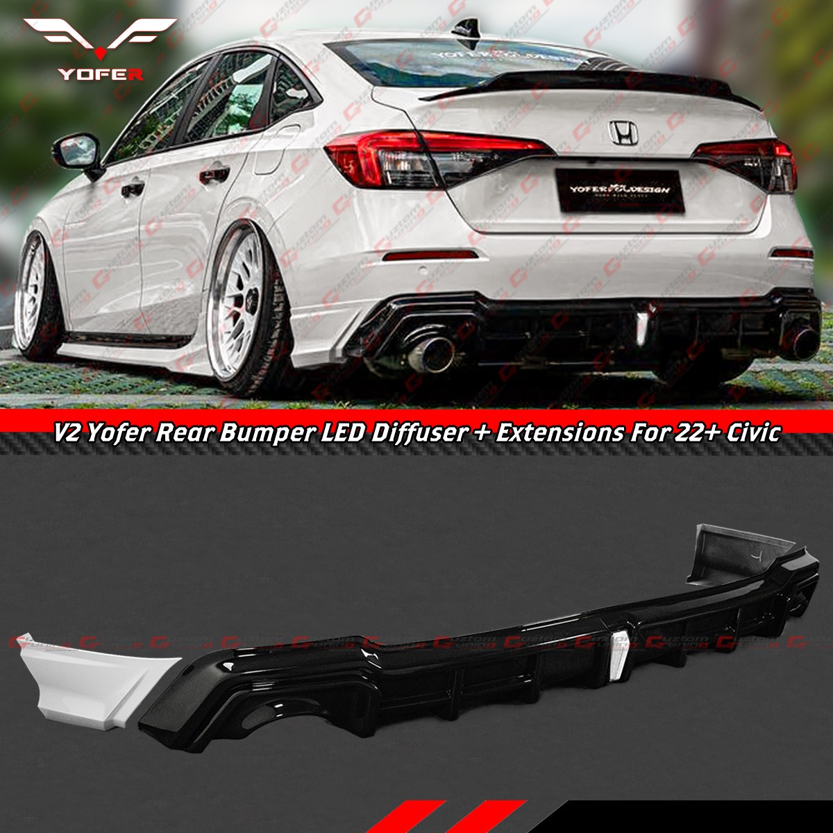 For 22-26 Honda Civic Sedan Yofer V2 Pearl White Rear Diffuser Kit W/ White LED