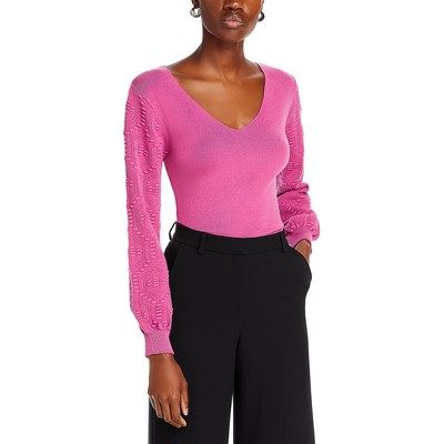Vila Milano Womens Pink Ribbed V-Neck Puff Sleeve Pullover Sweater L BHFO 8079