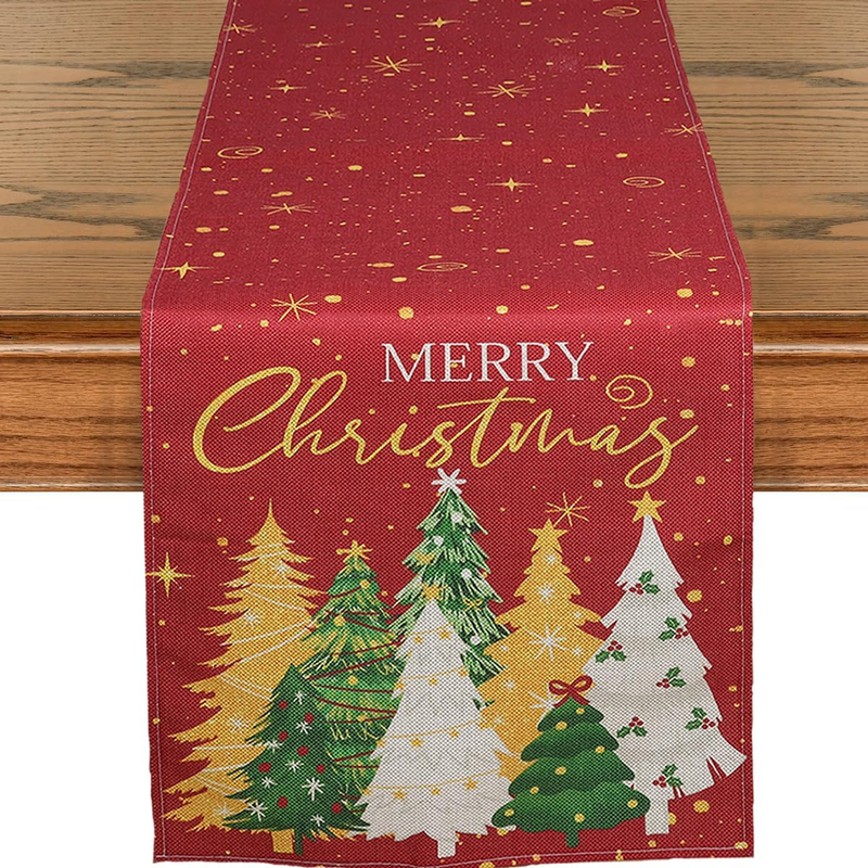 Christmas Table Runner Linen Red Snowflake Winter Table Runners with 8 Colorful