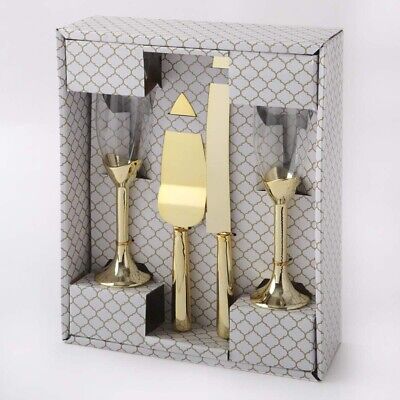 Gold Toned Champagne Flutes and Cake Server Set Engagement Gift for Couples