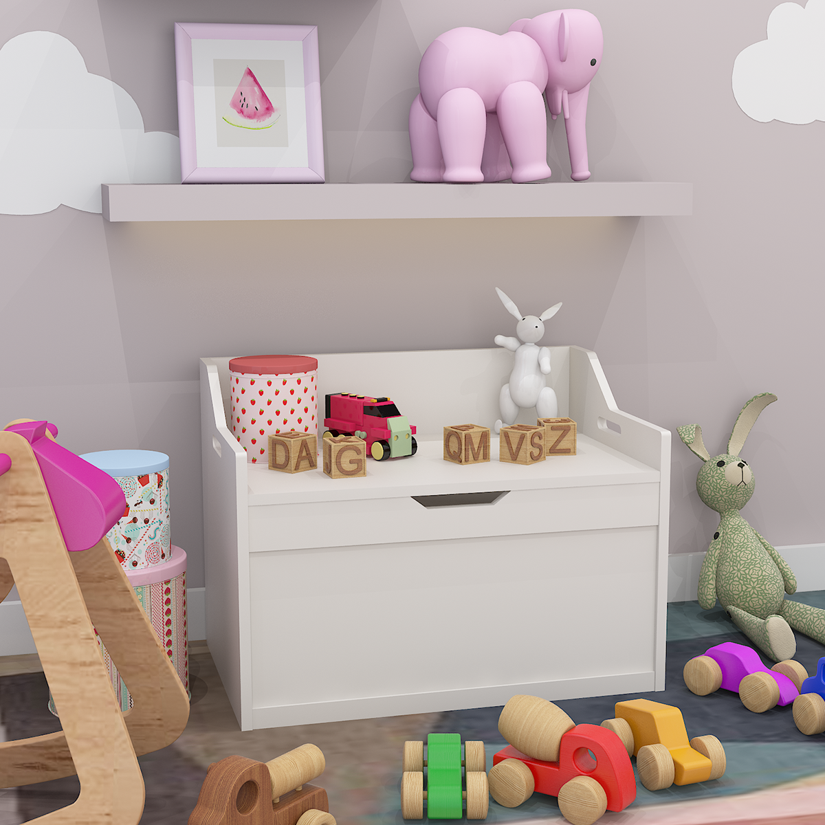 Wooden Kids Toy Box White Chest Trunk Tidy Benches Storage Unit