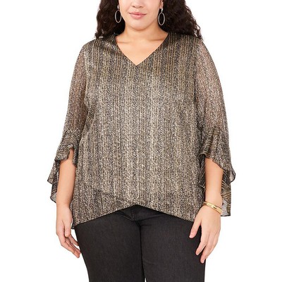 Женская блузка с V-образным вырезом и оборками цвета золотой металлик от Vince Camuto 2X BHFO 1678