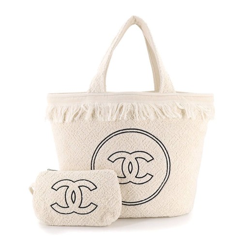 CHANEL Fringe Beach Bag Cotton White AA8386 Purse 90175972