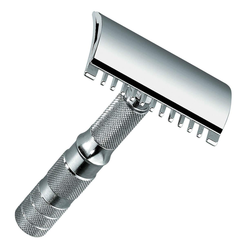 985C Travel Double Edge Safety Razor with Leather Case, Four-Piece Compact Design, Open Comb, Bright Chrome Finish, Made in Germany
