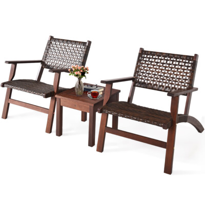3PCS Outdoor Patio Rattan Furniture Set Solid Wood Frame Chair Coffee Table