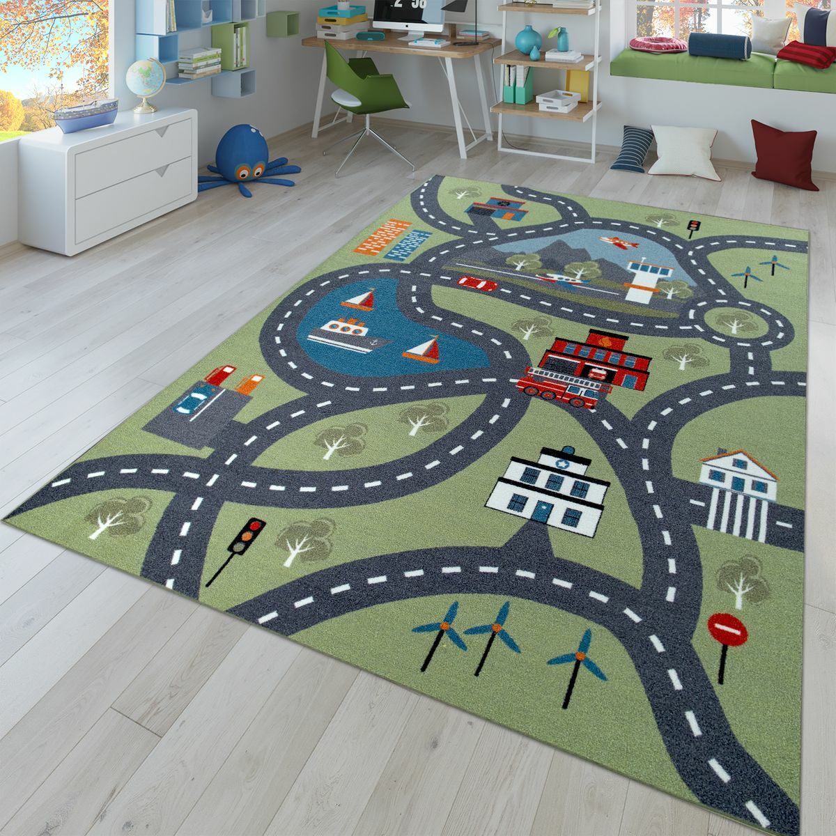 Kinder-Teppich, Spiel-Teppich Für Kinderzimmer, Mit Straßen-Motiv, In Grün