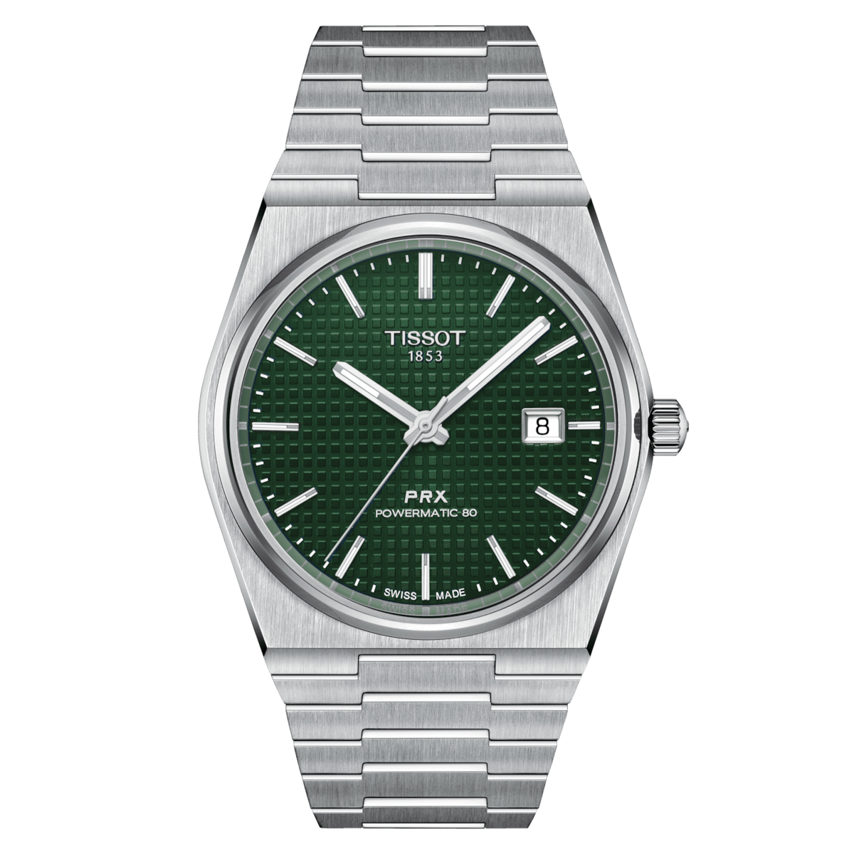 Pre-owned Tissot Prx Powermatic 80 Green Dial Steel Bracelet 40mm Watch T1374071109100