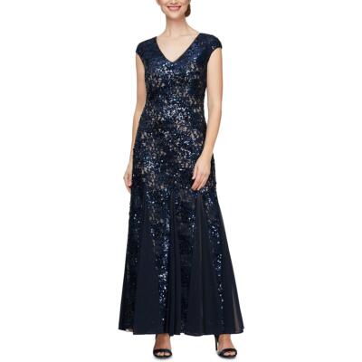 

Alex Evenings Женское голубое вечернее платье макси с пайетками Petites  BHFO 6798, Navy/nude