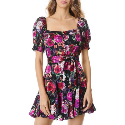 

Женское черное платье с пышными рукавами и расклешенными рукавами Alice and Olivia Mina  BHFO 6476, Midnight rose