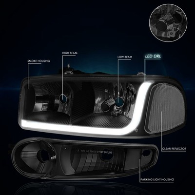 For 01-07 GMC Sierra/Yukon Denail Headlight W/LED DRL Smoked Housing Clear Side