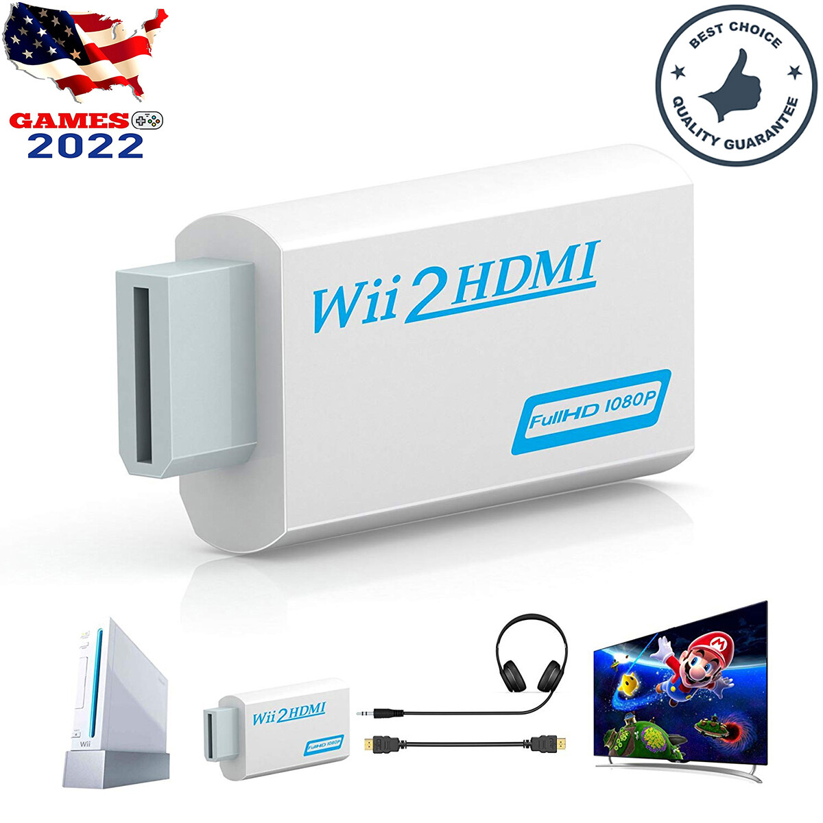 White- Wii to HDMI Wii2HDMI Full HD Converter Audio Output Adapter TV HDMI Cable