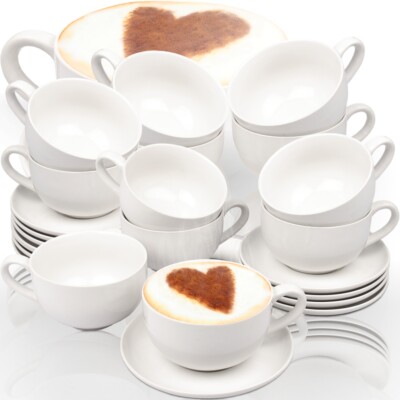 24tlg Alpina® Cappuccino Tassen Set Kaffee Tasse Untertasse Weiß Keramik Becher
