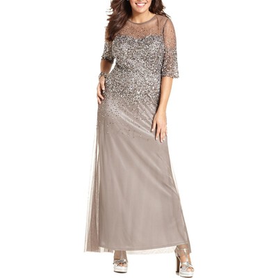 Adrianna Papell Womens Taupe Embellished Evening Dress Gown Plus 20W BHFO 2027