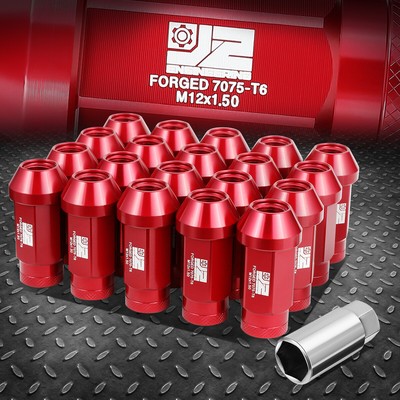 J2 CLOSE-END ALUMINUM KNURLED TOP RED 20 LUG NUTS+KEY M12X1.5 24MM OD/50MM H