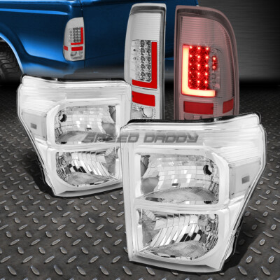 ХРОМИРОВАННАЯ ПРОЗРАЧНАЯ ФАРА + ХРОМИРОВАННЫЙ 3D КРАСНЫЙ L-ОБРАЗНЫЙ СВЕТОДИОДНЫЙ ЗАДНИЙ ФОНАРЬ ДЛЯ 11-16 SUPER DUTY