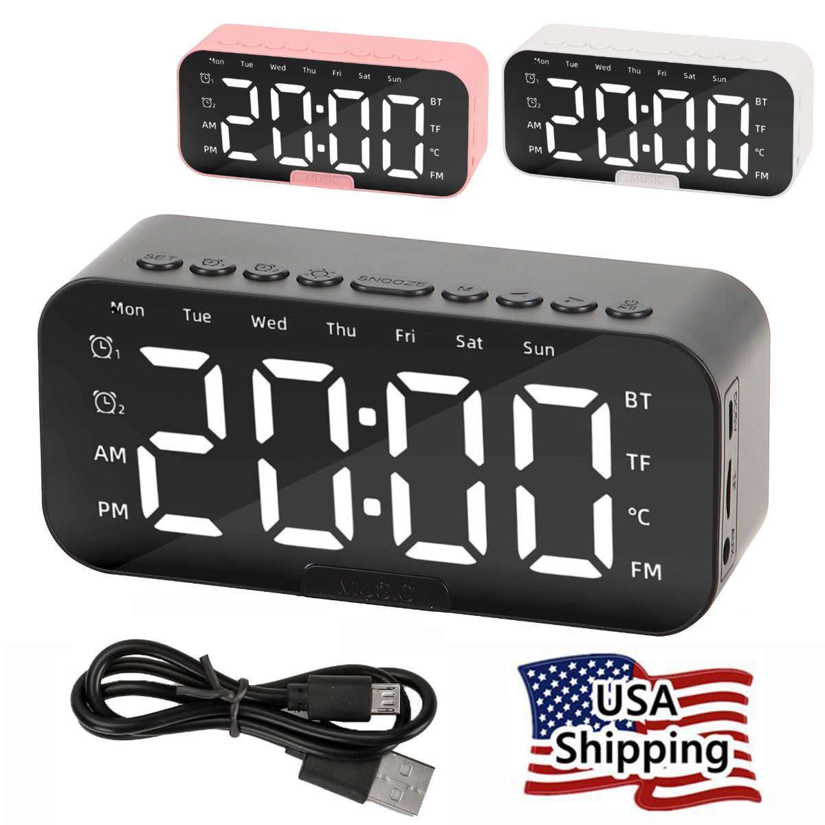 Large Digital LED Display Alarm Clock FM Radio Wireless Bluetooth With Speaker