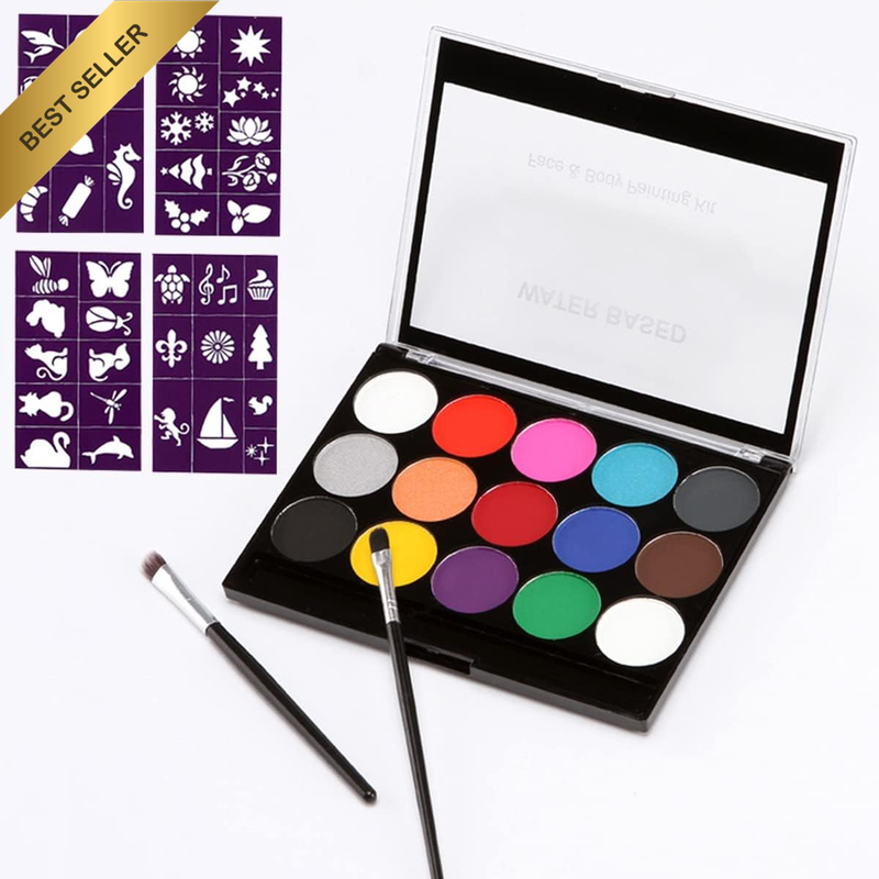 15 Color Face Body Paint Washable Non Toxic 2 Brushes 4 Stencils