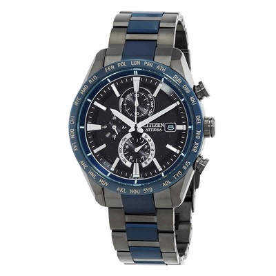 Pre-owned Citizen Perpetual Alarm World Time Chronograph Gmt Black Dial Watch At8187-75e
