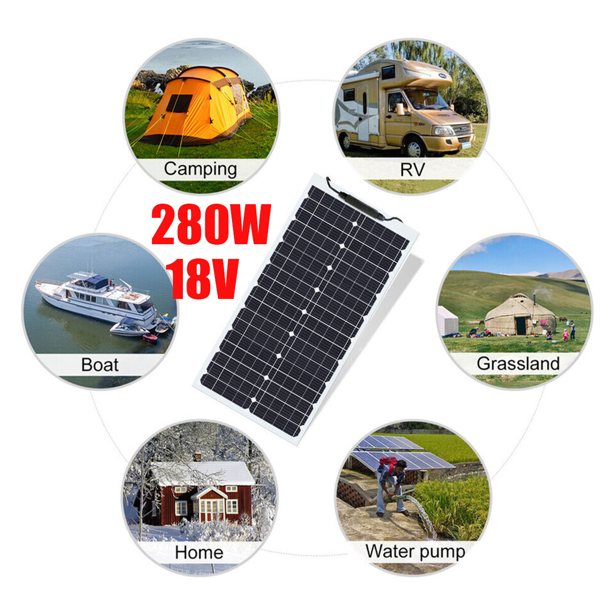 280W Watt 18V Monocrystalline Flexible Solar Panel Kit For RV/Camper/Boat/Home