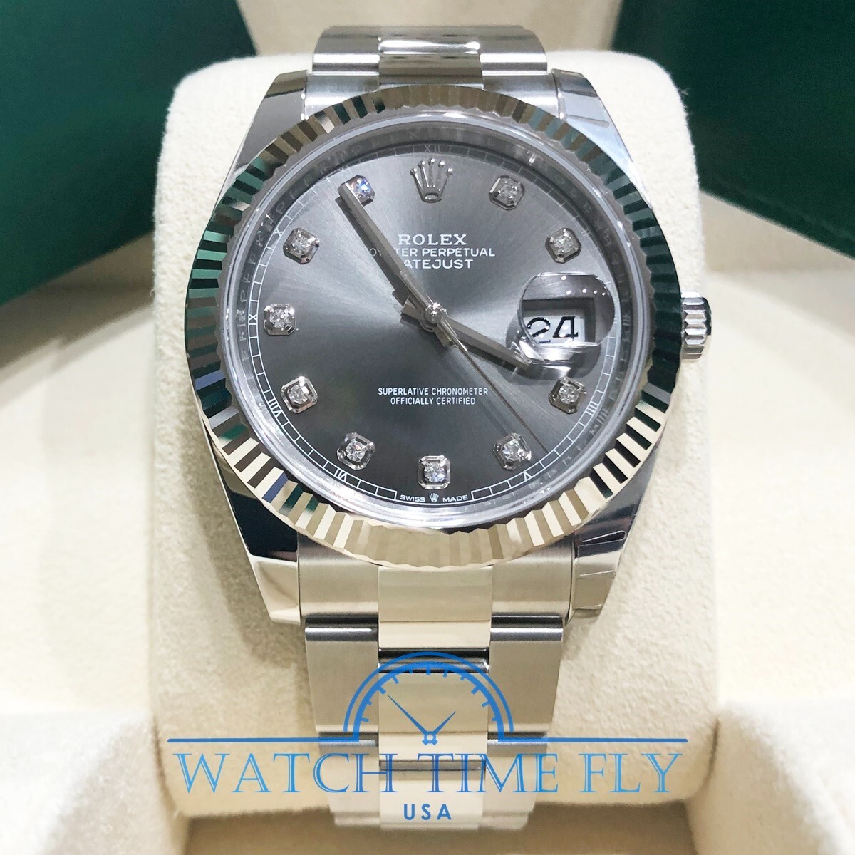 Pre-owned Rolex 126334 Datejust 41mm Fluted Bezel Rhodium Diamond Dial Oyster Bracelet