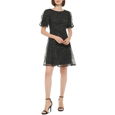 Женское черное расшитое сетчатое мини-платье DKNY Mini Fit & Flare 14 BHFO 6819