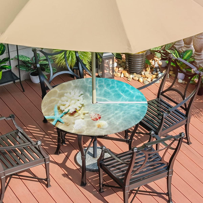 Outdoor Tablecloth Starfish Seashell round Fitted Table Cover with Zipper and Um