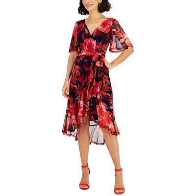Connected Apparel Womens Red Floral Mesh Wear To Work Dress Petites 6P BHFO 5552