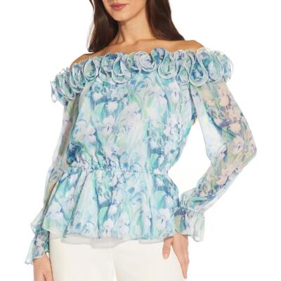 

Женская синяя шифоновая блузка с открытыми плечами Adrianna Papell Top  BHFO 7380, Blue multi