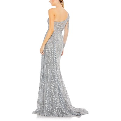 Pre-owned Mac Duggal Womens Embellished One Shoulder Evening Dress Gown Bhfo 9065 In Platinum
