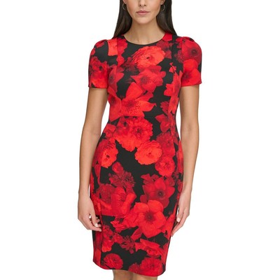 Calvin Klein Womens Red Floral Mini Crewneck Sheath Dress 4 BHFO 5498