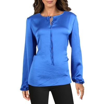 

Женская синяя атласная рубашка с завязками Kasper, блузка Petites  BHFO 5529, Blue ribbon