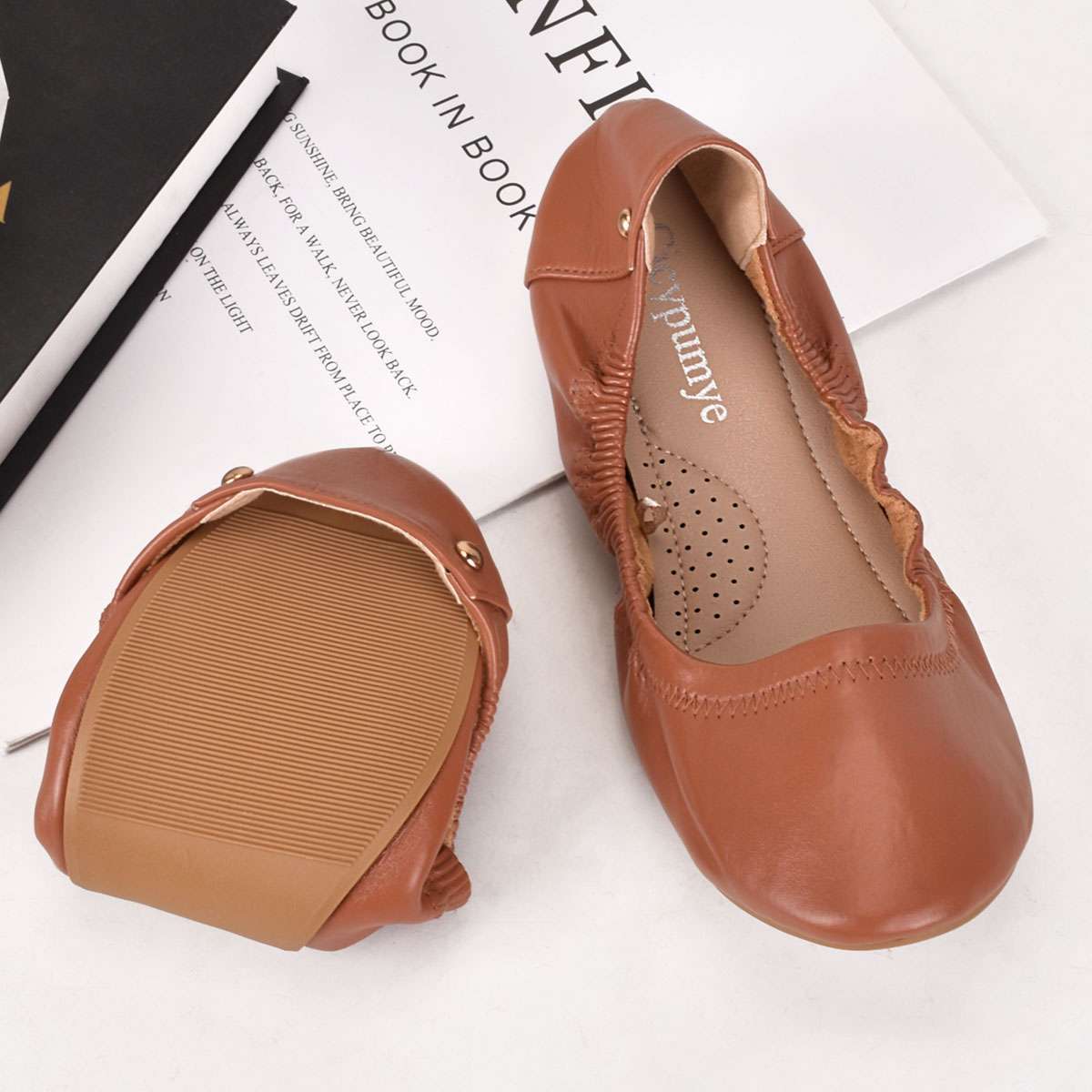 Womens Comfy Office / Travel Ballet Flats Round Toe Slip On Leather Ballet Flats