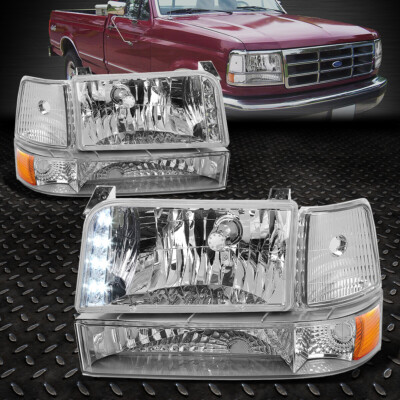 ДЛЯ 92-96 FORD F150 F250 F350 LED DRL ХРОМИРОВАННЫЙ КОРПУС ЯНТАРНАЯ УГЛОВАЯ ЛАМПА ФАРЫ