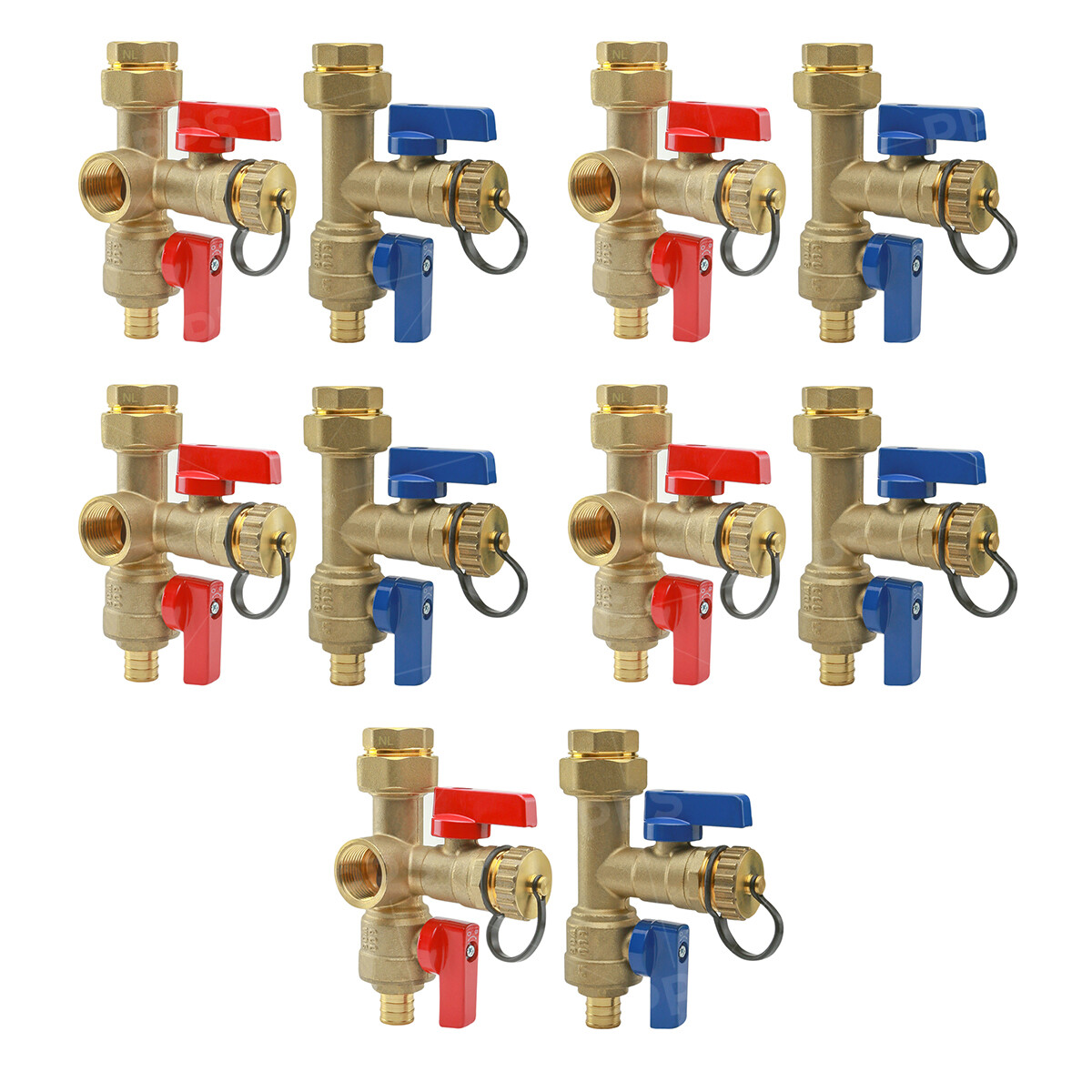 Midline Valve Hot and Cold Isolation Valves, Brass, FIP (5 Red+ 5 Blue)