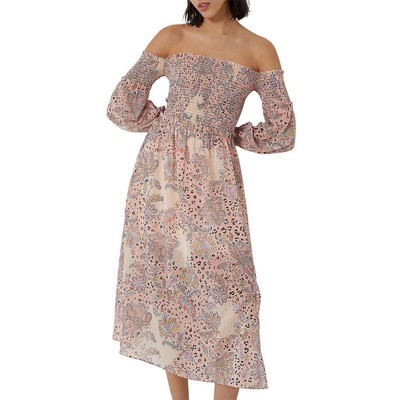 

Женское летнее платье миди до середины икры с принтом French Connection Demetra BHFO 1039, Peach nectar multi