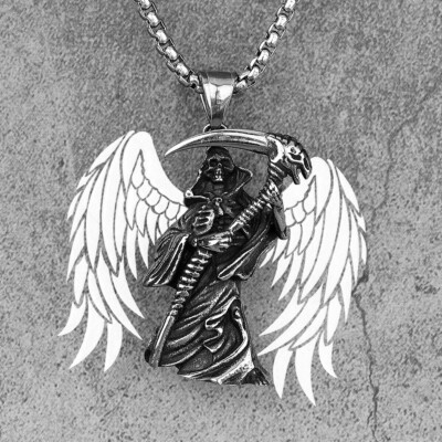 Grim Reaper Scythe Death Skull Stainless Steel 23'' Necklaces Silver HQ Pendant