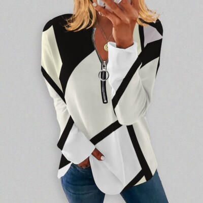 Women Ladies Zipper V-Neck Long Sleeve Pullover Tops Loose Tunic Blouse T-Shirt