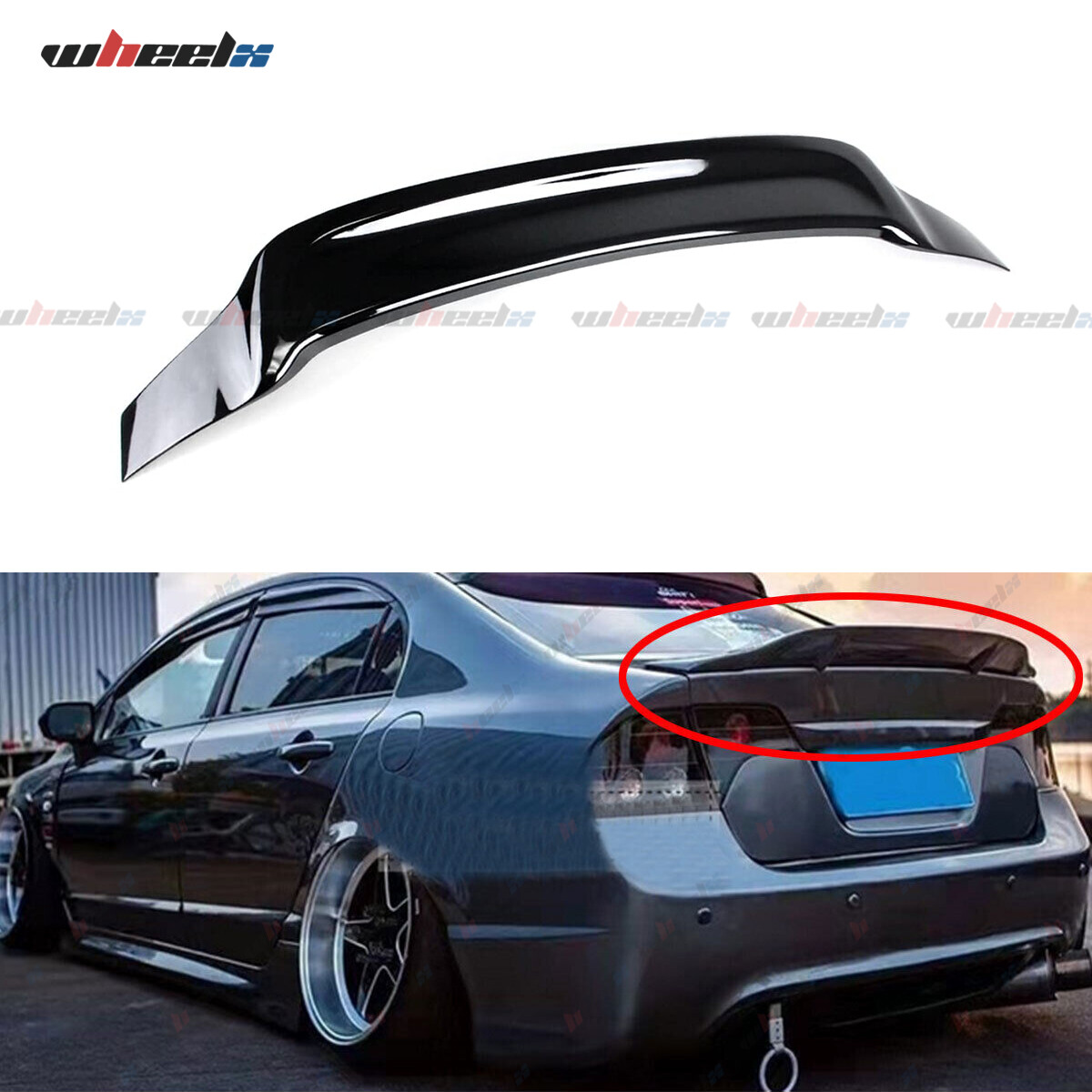 For 2006-2011 Civic 4DR Sedan Glossy Black RS Style Highkick Trunk Wing Spoiler