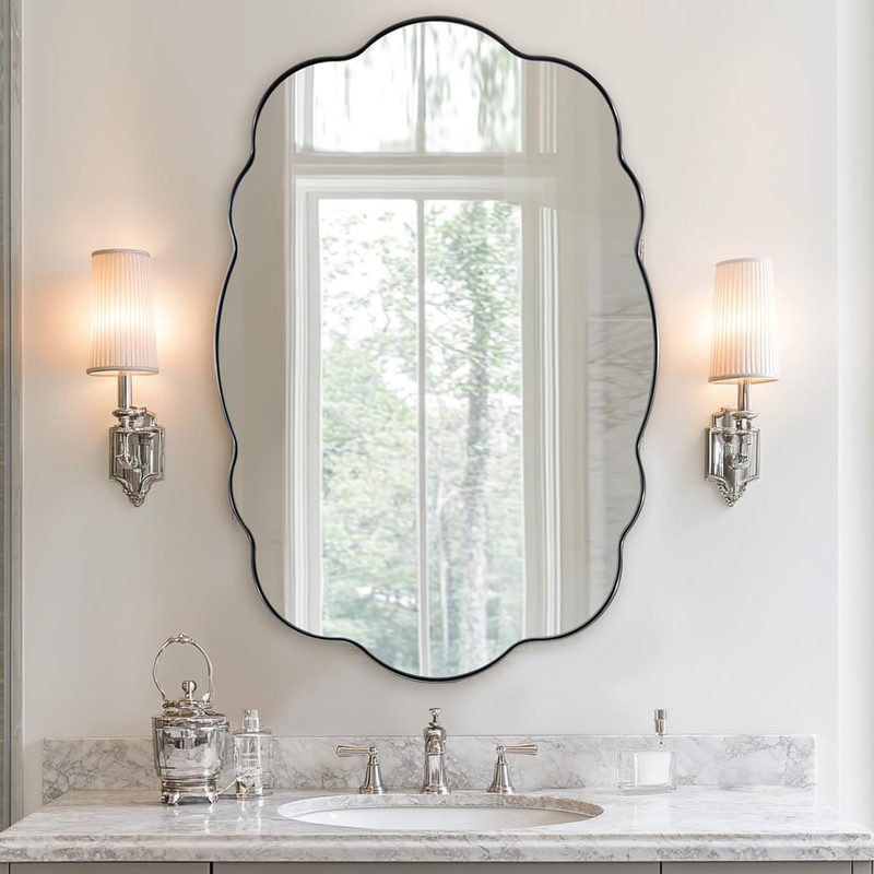 Brushed Nickel Bathroom Mirror, 24X36 Inch Silver Asymmetrical Wall Mirror, Oval Bathroom Vanity Mirror, Unique Irregular Wall Mirror with Sophisticated Curved Design