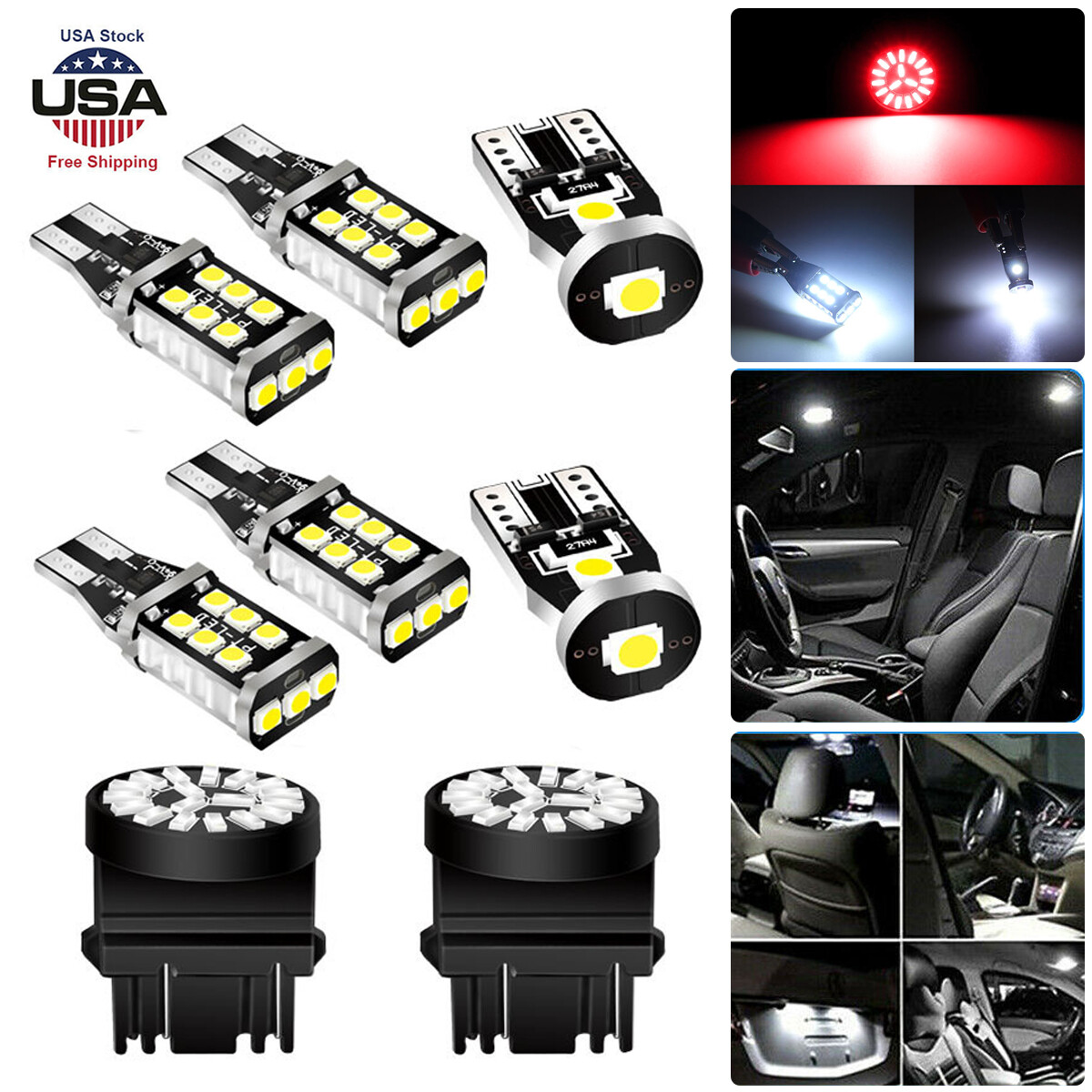 8X Car LED Package Kit For License Plate Lamp Reverse Backup Brake Light Bulbs